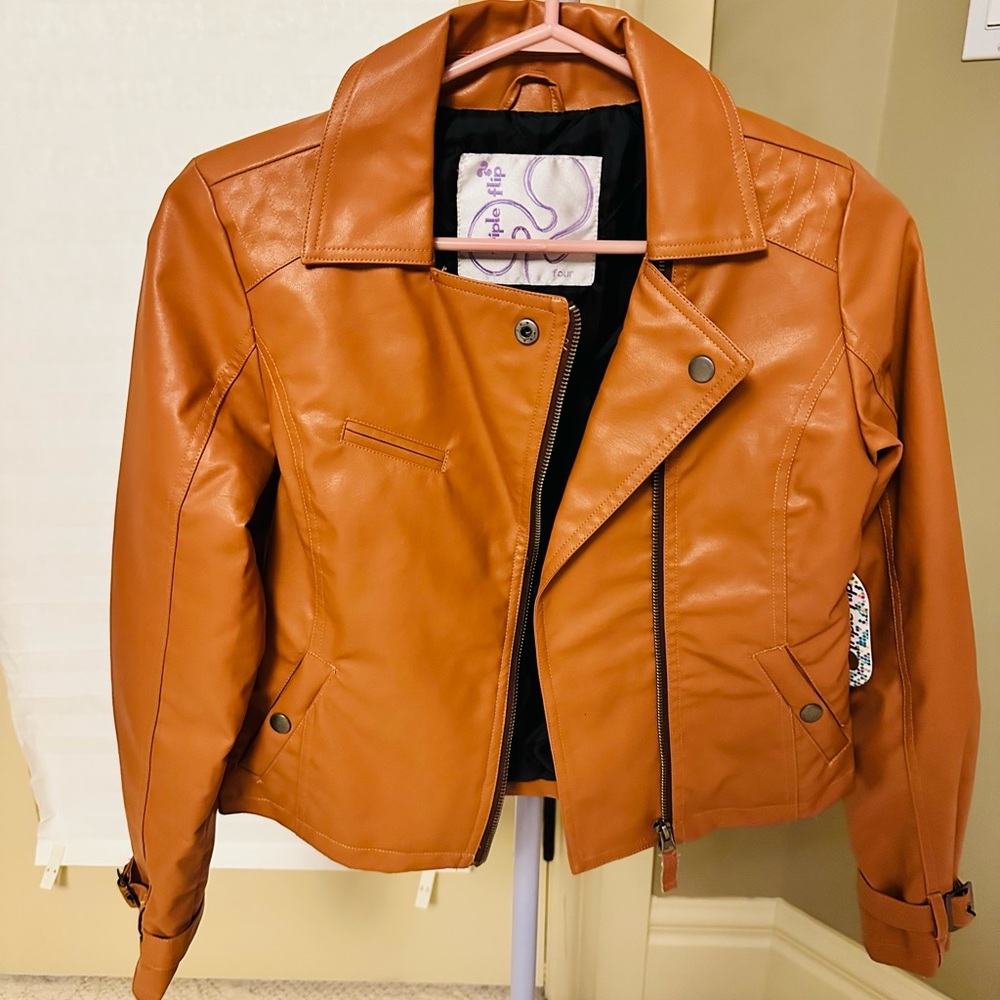🌻# 207 Youth Faux Tan Leather Moto Jacket Asymmetrical Zipper Notched Lapel